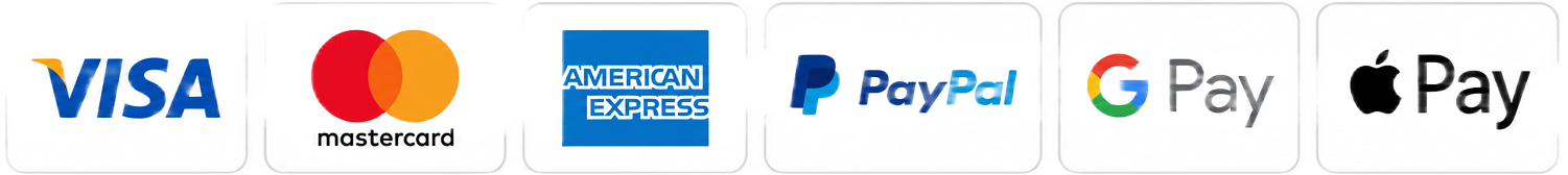 Métodos de pago: Visa, Mastercard, American Express, PayPal, Google Pay y Apple Pay